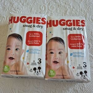 Huggies snug & dry 2 unopened packages of size 3, 31 count each NEW